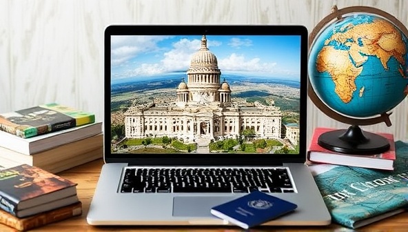 A laptop displaying a breathtaking 360-degree view of a famous landmark, surrounded by travel books, a globe, and a passport, creating an immersive and wanderlust-inducing setting.
