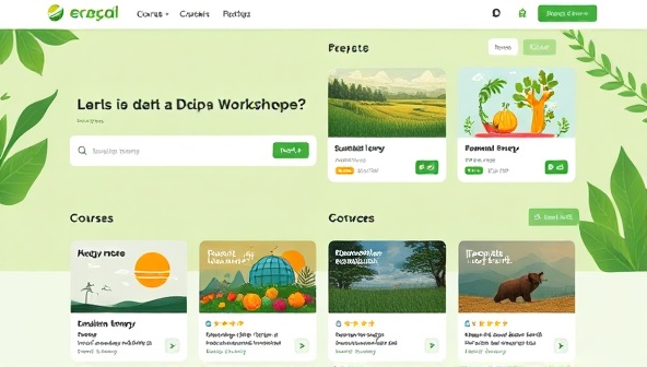 An online marketplace showcasing a variety of eco-friendly courses and workshops on sustainable living, renewable energy, recycling, and wildlife conservation, with vibrant green imagery and nature-inspired design elements, reflecting the platform's commitment to environmental education and awareness.