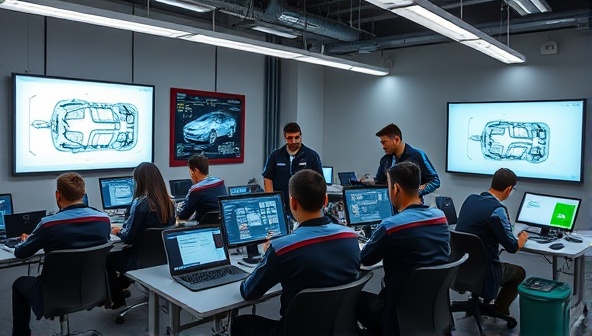 A high-tech classroom equipped with diagnostic tools, interactive screens displaying vehicle schematics, and students engaged in hands-on training exercises, capturing the dynamic and educational environment of TechDrive Institute's automotive tech training center.