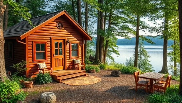 A serene writing retreat setting with a wooden cabin surrounded by lush greenery, a cozy reading nook by the fireplace, and a tranquil lake view, creating a peaceful and inspiring atmosphere for writers to focus and create.
