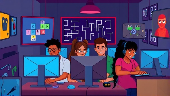 An engaging digital illustration showing a group of diverse individuals solving puzzles together on their computers in a virtual escape room setting, capturing the excitement and teamwork of the experience.