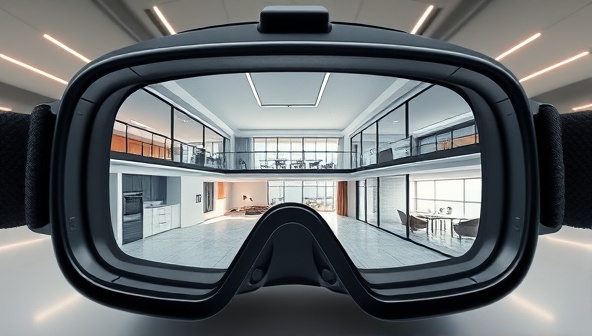 A virtual reality headset displaying an immersive architectural walkthrough of a modern building, with interactive features allowing users to explore different rooms, designs, and finishes, showcasing the captivating and realistic experience of VR Architectura's services.