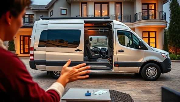 A luxurious mobile spa setup with a sleek detailing van parked in front of a high-end residence, showcasing a customer receiving a hand massage while their car undergoes a meticulous cleaning process, highlighting the pampering and convenience of the service.
