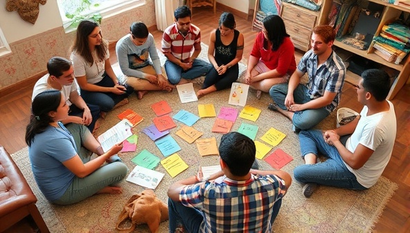 A diverse group of individuals sitting in a circle, engaged in storytelling activities, with colorful storytelling props and prompts scattered around, creating a vibrant and creative atmosphere.