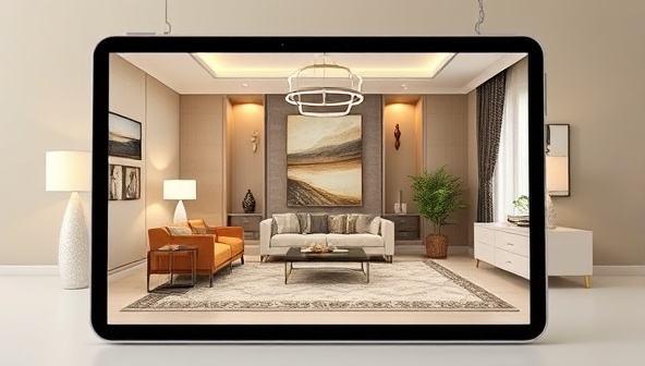 An elegant virtual room design visualization on a tablet screen, showcasing a seamless blend of colors, textures, and furniture arrangements, inspiring creativity and transformation.
