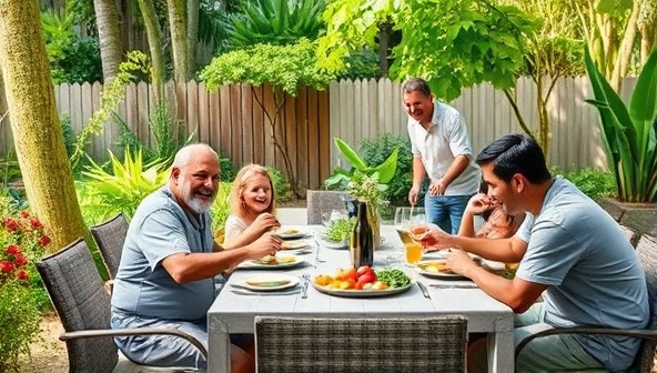 A welcoming backyard setting with a family enjoying a pest-free outdoor meal, surrounded by lush greenery, while eco-friendly pest control technicians discreetly place natural repellents and traps in the background, promoting a safe and harmonious environment.