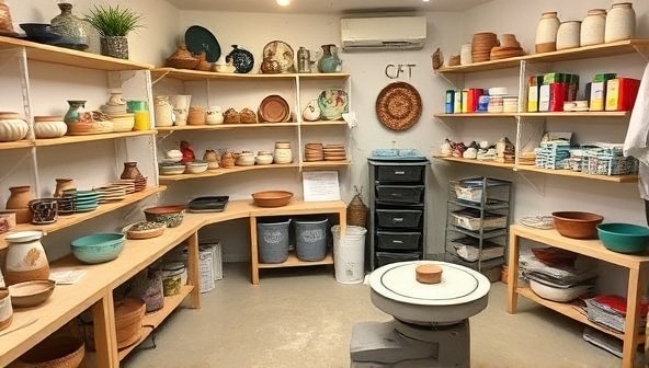 A tranquil pottery studio adorned with shelves of beautifully crafted ceramics, a pottery wheel in action, and shelves displaying colorful glazes and tools, exuding a serene and artistic ambiance for pottery enthusiasts and learners.