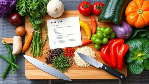 A vibrant kitchen scene with colorful fresh vegetables, herbs, and spices neatly arranged on a wooden cutting board, with a chef's knife and a recipe card, symbolizing the essence of plant-based cooking and meal preparation.
