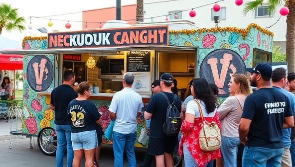 A vibrantly decorated food truck with a line of customers eagerly waiting to try out unique fusion street food offerings, surrounded by colorful street art and festive decorations, creating a lively and inviting atmosphere.