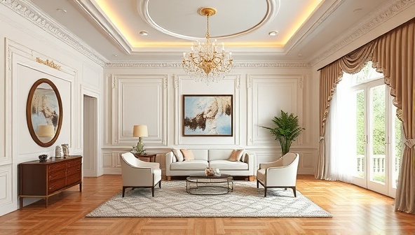 An elegant room visualization with virtual design elements overlaying the space, showing the transformation process from a plain room to a beautifully designed interior, highlighting the innovative and creative approach of DesignVue's virtual consultations.