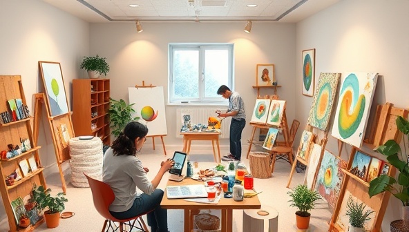 A serene virtual art studio environment with calming colors and art supplies, featuring individuals engrossed in creating art pieces, conveying a sense of relaxation and therapeutic expression.