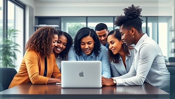 An artistic representation of a diverse group of professionals collaborating in a virtual workspace, symbolizing inclusivity and teamwork in the recruitment process facilitated by InclusiveHire's consultancy services.