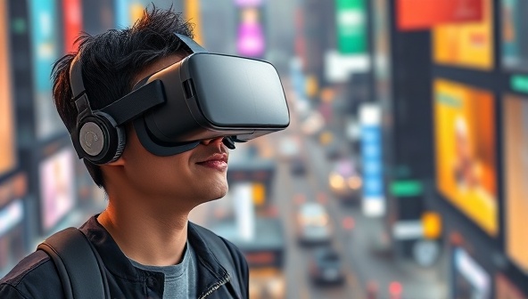 An individual wearing a VR headset, immersed in a virtual travel experience, exploring a bustling cityscape with vivid visuals and interactive elements, capturing the essence of virtual exploration and adventure.