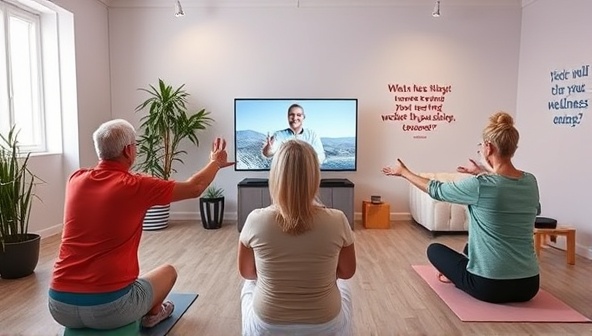 A virtual fitness studio setup with a group of seniors participating in an online workout session, following the guidance of a friendly fitness coach, surrounded by digital wellness tips and motivational quotes, promoting active aging and community connection.