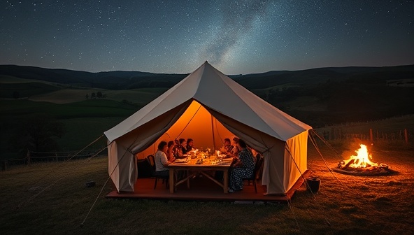 A luxurious glamping tent nestled amidst rolling hills and lush farmland, with guests enjoying a farm-to-table dinner by candlelight, a bonfire glowing in the background, and a starry night sky overhead, epitomizing the essence of agri-tourism luxury in a natural paradise.