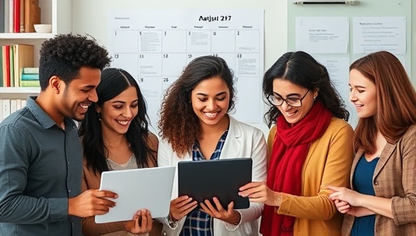 A diverse group of individuals and business owners receiving personalized tax advice and updates through a subscription-based platform, with a calendar and tax documents in the background, symbolizing the convenience and reliability of TaxEase Subscription in tax compliance services.