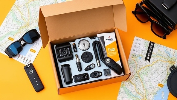 A vibrant and visually appealing image of a variety of smart car accessories neatly arranged in a sleek subscription box, surrounded by car keys, sunglasses, and a road map, evoking excitement and customization.
