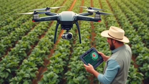 A high-tech drone hovering over a lush green field, capturing detailed images of crops below, with a farmer analyzing data on a tablet, symbolizing precision farming and technology integration.