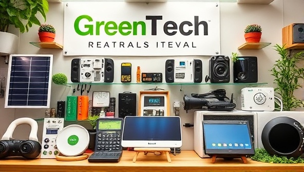 A vibrant and eco-friendly tech gadget display featuring solar chargers, energy-efficient devices, and smart home solutions, creating a visually appealing and sustainable image for GreenTech Gear's rental service.