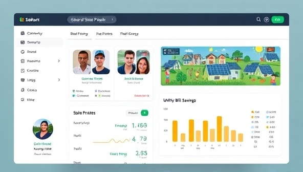 An interactive platform interface showcasing solar project profiles, community member contributions, and energy generation statistics, with a visual representation of shared solar credits and utility bill savings, illustrating a collaborative and sustainable energy-sharing model.