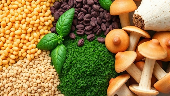 A diverse array of protein-rich plant sources like lentils, spirulina, and mushrooms arranged in a colorful and appetizing display, highlighting the natural and sustainable aspects of plant-based protein cultivation.