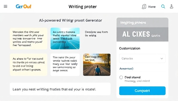 An AI-powered writing prompt generator interface displaying a variety of intriguing prompts, genres, and customization options, visually stimulating the imagination of writers and encouraging creative exploration and storytelling.
