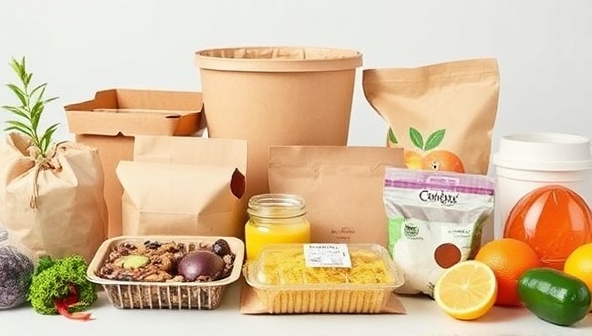 An assortment of eco-friendly food packaging products made from recycled materials, showcasing the durability and aesthetics of the sustainable packaging options, with a focus on reducing plastic waste.