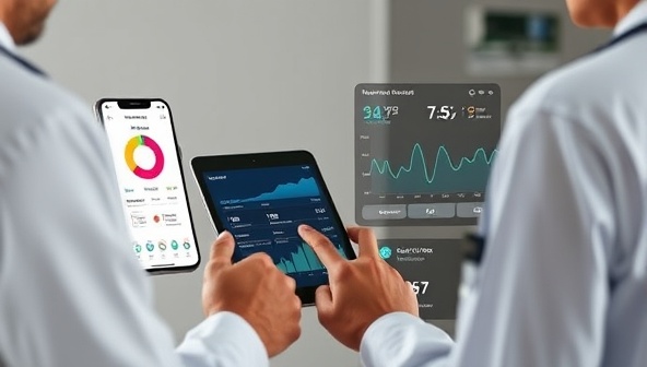 An innovative visual representation of the remote patient monitoring app interface, displaying real-time health data graphs, medication reminders, and wellness tips, with a healthcare provider monitoring a patient's progress on a tablet, illustrating efficient and proactive care delivery through technology.