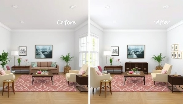 A digital mockup of a living room transformation, with side-by-side images showing the current layout and the proposed design changes, highlighting the impact of virtual interior design consultations in creating visually appealing spaces.