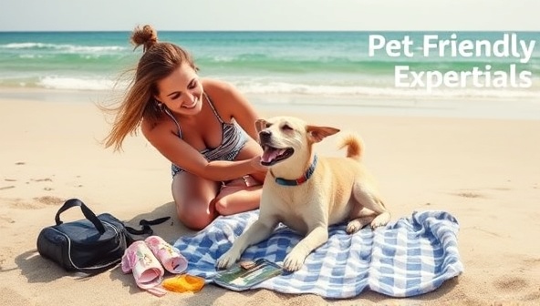 An adorable image of a pet owner playing with their dog on a pet-friendly beach, with travel essentials and accessories laid out nearby, illustrating the joy and companionship of pet-inclusive travel experiences facilitated by the Paws and Passport service.