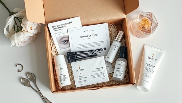 An artistic flat lay image featuring a beautifully arranged skincare box with personalized products, skincare tools, and a custom skin analysis card, highlighting the curated and individualized nature of the subscription service.
