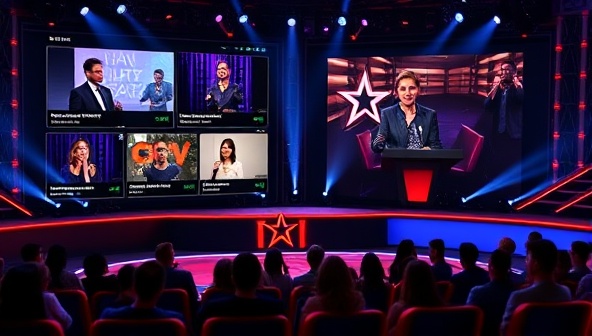 An online talent show platform interface showcasing different video submissions, judges providing feedback, and a virtual audience engaging with the performances, conveying a sense of talent discovery and community support.