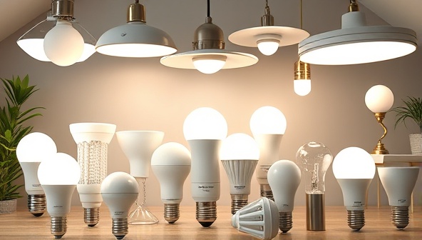 An array of energy-efficient LED bulbs and fixtures displayed in a stylish room setting, showcasing the different lighting options and their environmental benefits.