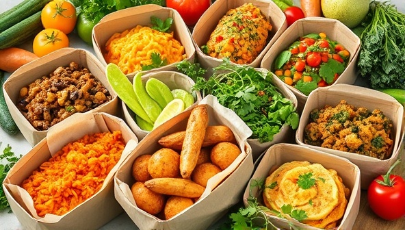 A vibrant and colorful image of a diverse array of plant-based dishes neatly arranged in eco-friendly packaging, surrounded by fresh herbs and vegetables, conveying freshness and sustainability.