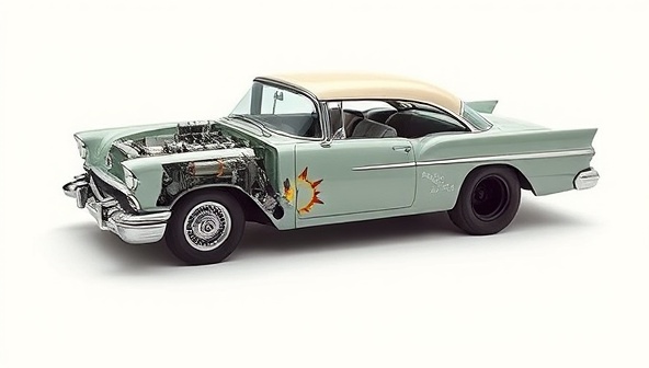 An image of a classic car being transformed into an electric vehicle, showcasing the conversion process with side-by-side images of the gasoline engine being replaced by an electric motor and battery pack, symbolizing the evolution towards sustainability.