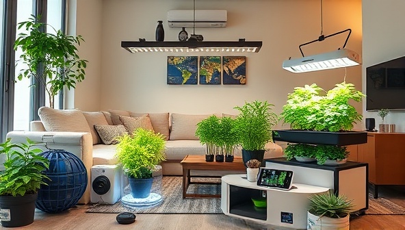 An array of DIY agri-tech kits displayed in a modern living room setting, with smart sensors, LED lights, and hydroponic systems showcased alongside lush green plants, illustrating the ease and innovation of urban farming at home.