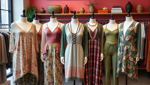 A collection of sustainably made custom garments displayed on mannequins in a vibrant, eco-chic boutique setting, highlighting the unique designs, organic textures, and colorful patterns of the clothing line, symbolizing the fusion of style and sustainability in fashion.