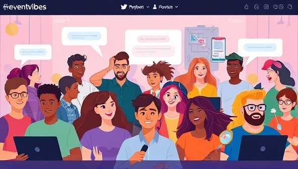 A vibrant digital illustration of a diverse group of avatars participating in a virtual event, with interactive elements like chat bubbles and virtual props, showcasing the dynamic and engaging nature of EventVibe's personalized events.