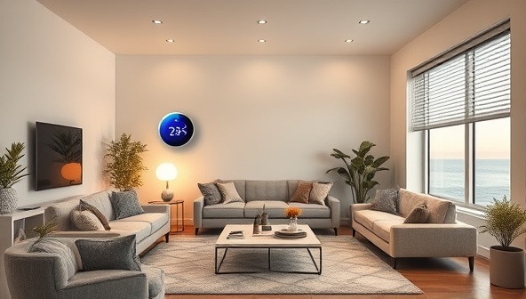 A modern living room setting with integrated smart home devices like voice-controlled lighting, a smart thermostat, and automated window blinds, illustrating a futuristic and connected home environment.
