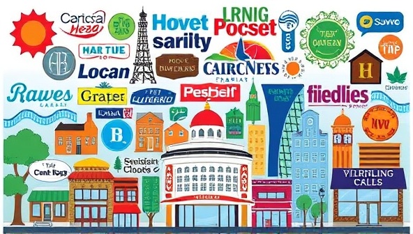 An engaging podcast cover art featuring a colorful collage of local business logos intertwined with vibrant illustrations of community landmarks, conveying the essence of diverse local narratives.