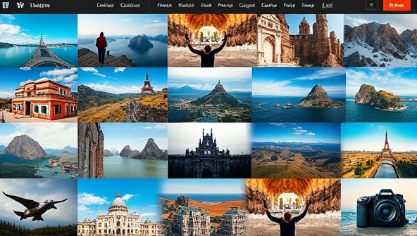 An online photography course platform showcasing a vibrant and diverse collection of travel photographs, camera equipment, and editing software interfaces, illustrating the journey from novice to skilled travel photographer through interactive online courses.