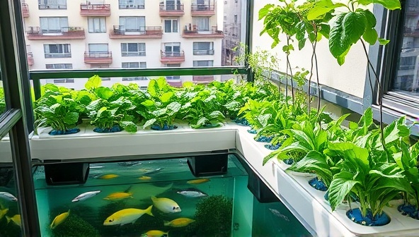 An urban balcony transformed into a lush aquaponics garden, featuring fish tanks below and rows of vegetables above, creating a harmonious ecosystem in a limited space, highlighting the sustainability and innovation of urban farming.