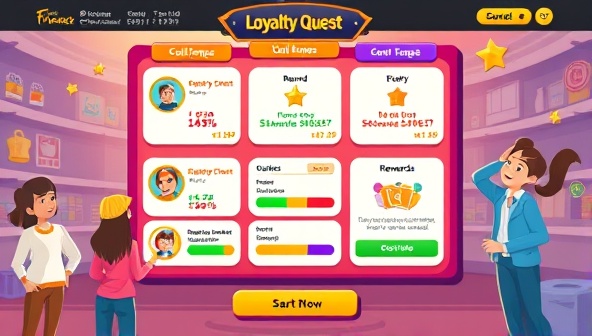 A vibrant and colorful game interface displaying various loyalty challenges, rewards, and progress bars, surrounded by joyful customer avatars interacting with the program, conveying a sense of fun, engagement, and reward within LoyaltyQuest.