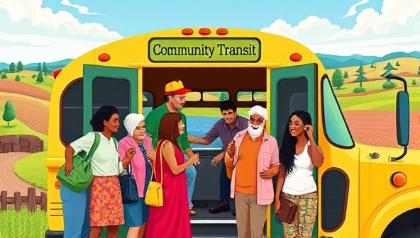 A heartwarming depiction of a diverse group of rural residents boarding a cheerful and colorful community bus with scenic countryside views in the background, highlighting the inclusivity and connectivity fostered by the VillageConnect Transit service.
