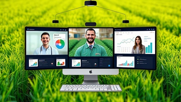 An online consultancy platform showcasing virtual meetings between agricultural experts and clients, with digital tools and data analytics displayed on screens, symbolizing innovation and efficiency in agriculture.