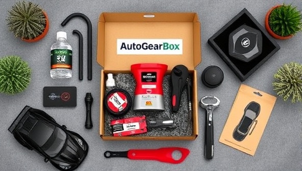 An artistic flat lay composition featuring a variety of automotive products and tools neatly arranged in a subscription box, surrounded by car-themed decorations and a sleek model car, evoking a sense of excitement and anticipation for the AutoGear Box experience.