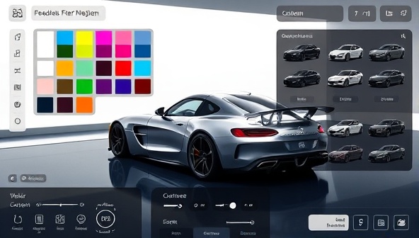 An interactive digital interface showing a sleek sports car being customized with various color options, wheels, and body kits, highlighting the user-friendly and immersive design experience.