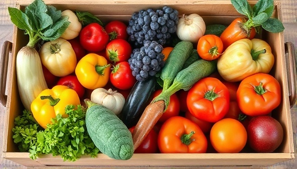 An assortment of colorful fresh produce and artisanal ingredients neatly arranged in a rustic wooden crate, ready to be transformed into a gourmet meal, highlighting the freshness and locality of the ingredients.
