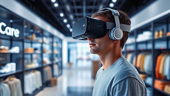 A futuristic image of a person wearing a VR headset and browsing through a virtual showroom filled with lifelike products, with interactive elements and a sleek, modern design, showcasing the immersive shopping experience offered by VirtuCart.