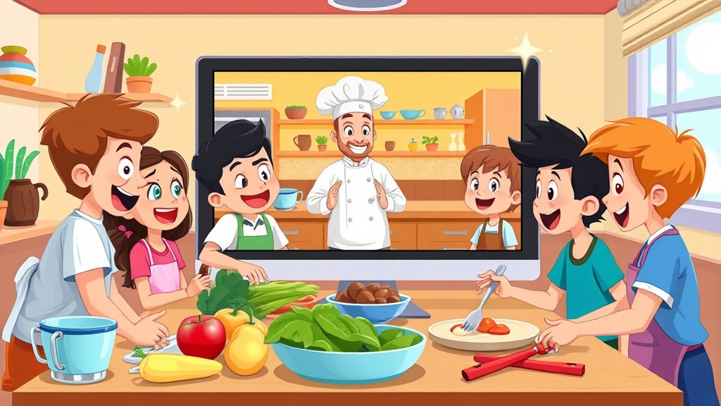 An animated and colorful online cooking class session featuring a group of kids joyfully following a chef's instructions, surrounded by ingredients, utensils, and a computer screen displaying a vibrant kitchen setting, sparking enthusiasm and learning in a virtual environment.
